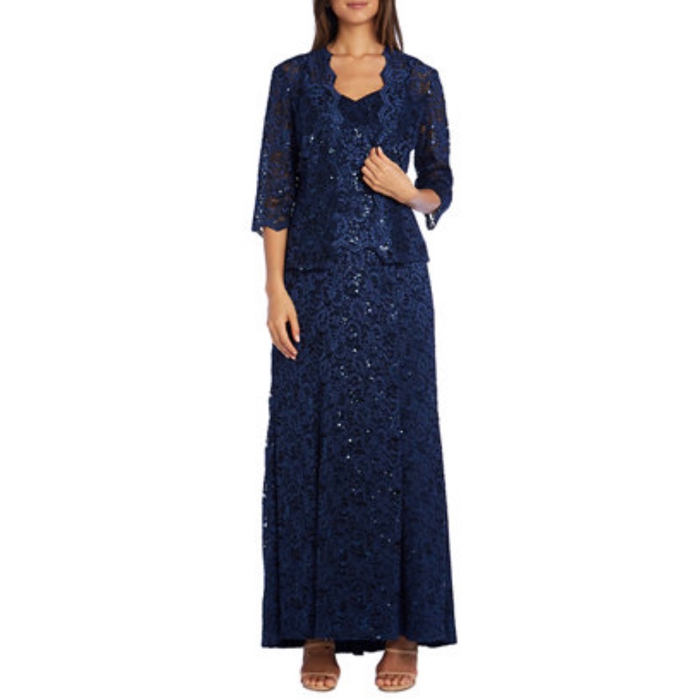 R&M Richards Long Mock Lace Jacket Dress, Navy Evening Gown, Size 6 New w/Tag